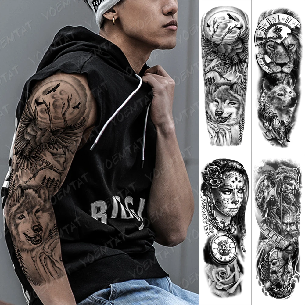 

Large Arm Sleeve Tattoo Bird Crow Forest Moon Waterproof Temporary Tatto Sticker Lion Wolf Clock Body Art Full Fake Tatoo Women