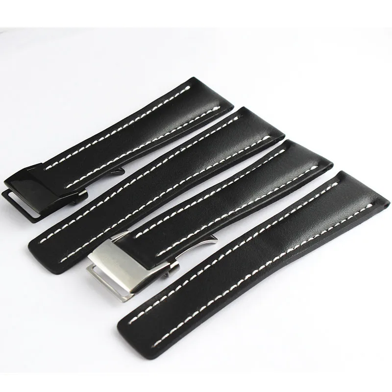 20mm 22mm 24mm Black Smooth Genuine Leather Strap Watch Band Deployment Clasp For Breitling Navitimer
