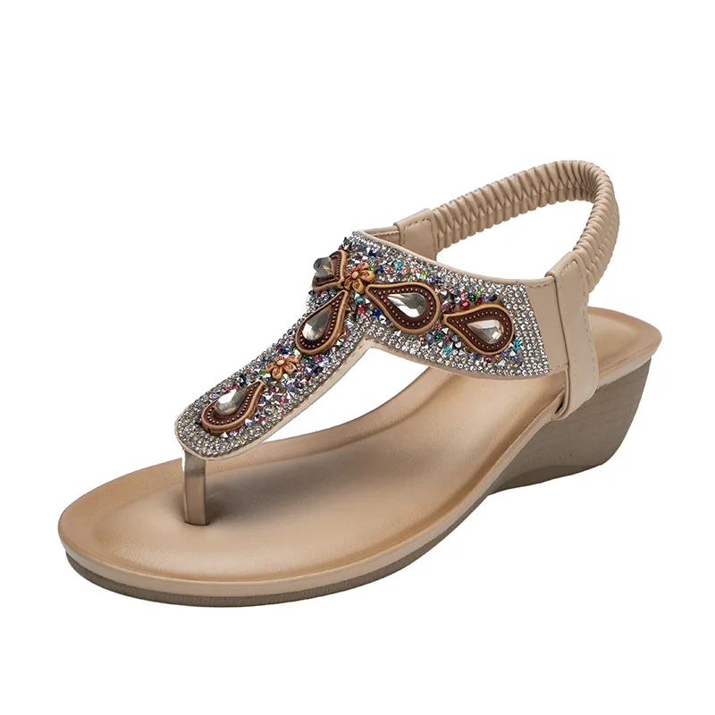 

Women's Sandals Fashion Flower Print Sewing Shoes Rhinestone Design Summer Sandals Wedges Elastic Band Sandals