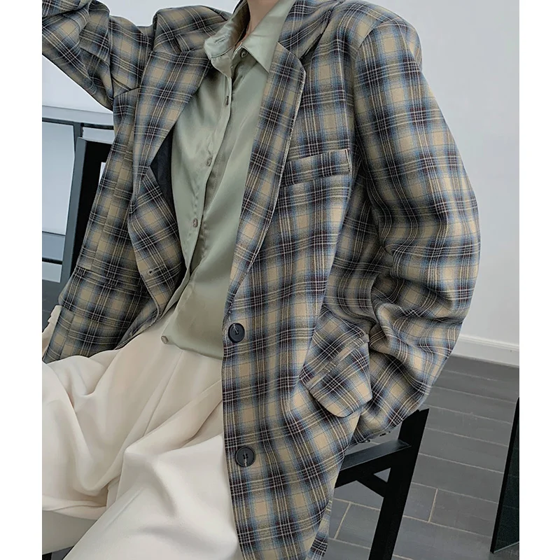 Осенне зимняя винтажная серая клетчатая свободная верхняя одежда женский костюм
