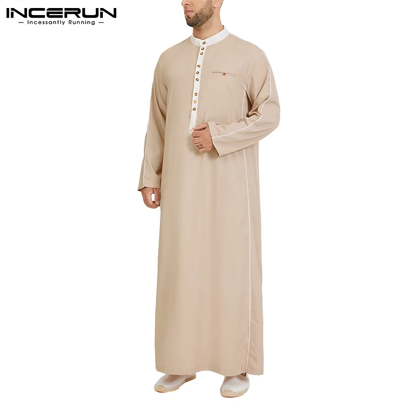

Men Muslim Kaftan Patchwork Stand Collar Long Sleeve Robes Islamic Arab Jubba Thobe Middle East Men Clothes Dubai Caftan INCERUN