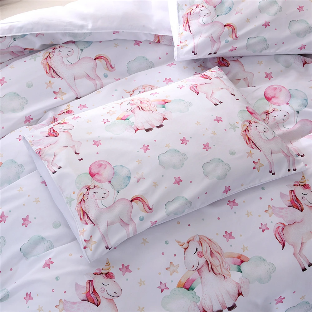 

Girls Pink Unicorn Bedclothes Digital Printing Duvet Cover Set Home Textile Soft Comfortable Kids Cartoon Bedding Set US Twin