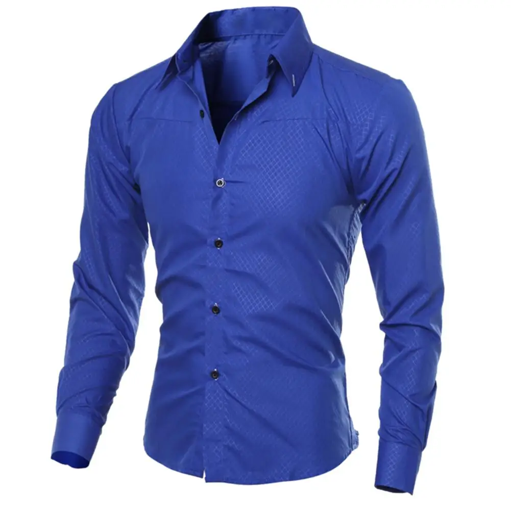 Men Fashion Solid Color Turn Down Collar Long Sleeve Slim Blouse Shirt Top Fit images - 6