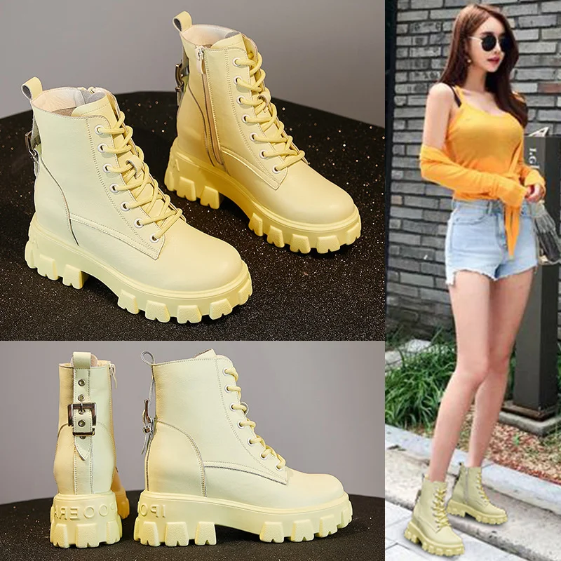 

women's versatile Women's British style boots short boots lace up thick heel thick soled medium cylinder boots women's