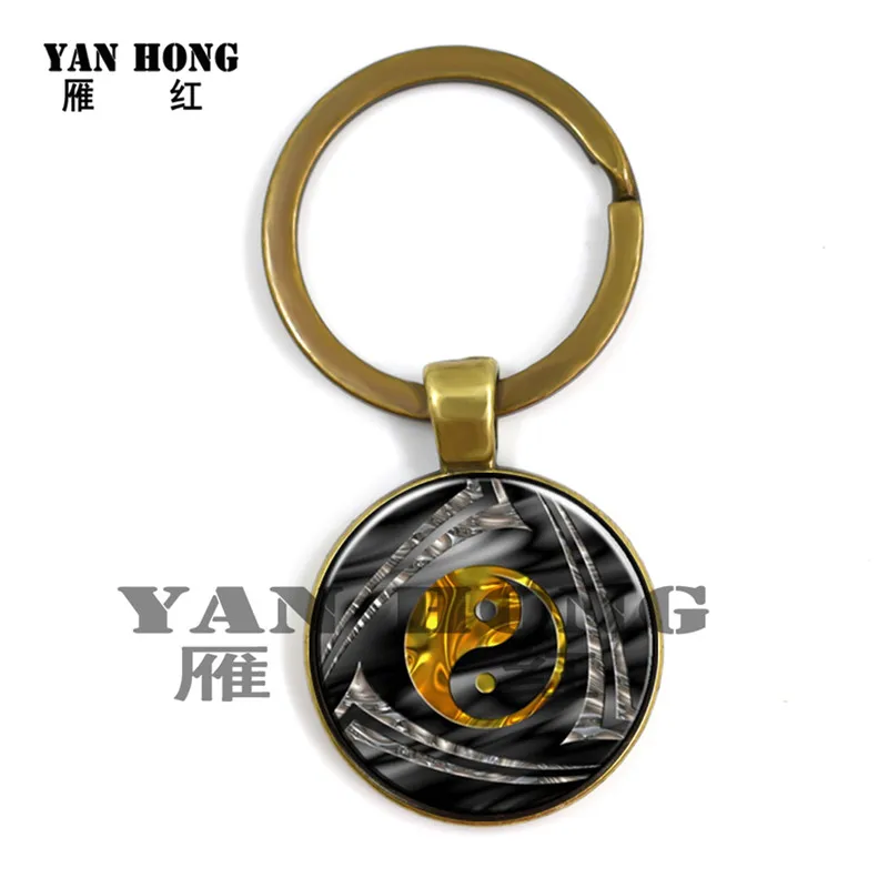 Золотой Инь-Ян кулон для Тай Чи ожерелье Античная Бронза цепь стеклянный кабошон