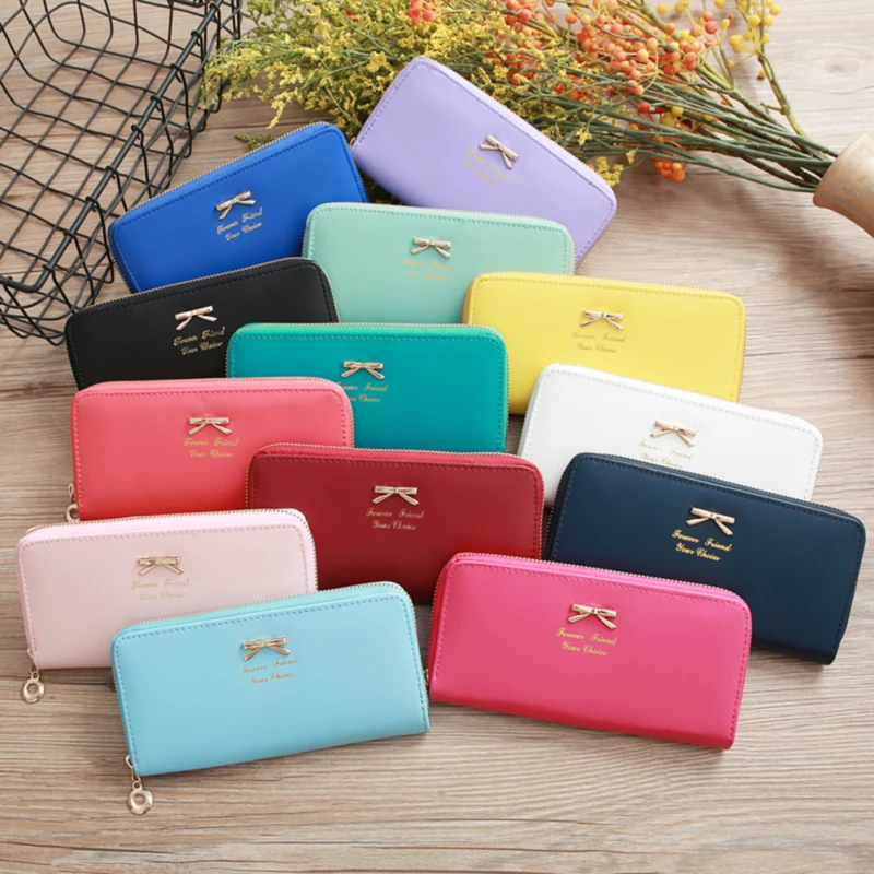 

Vertical Square Korean Fashion Solid Color Bow Women Two-fold Wallet Hot Stamping Single Elongated Card Holder Coin Purse Clutch
