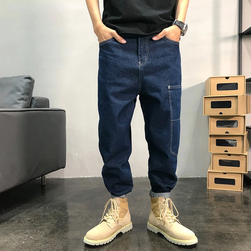 

2021 Seasons Dark Blue Stitching Multi-Pocket Feet Harem Pants Men's Loose Street Daddy Tooling Jeans Trend
