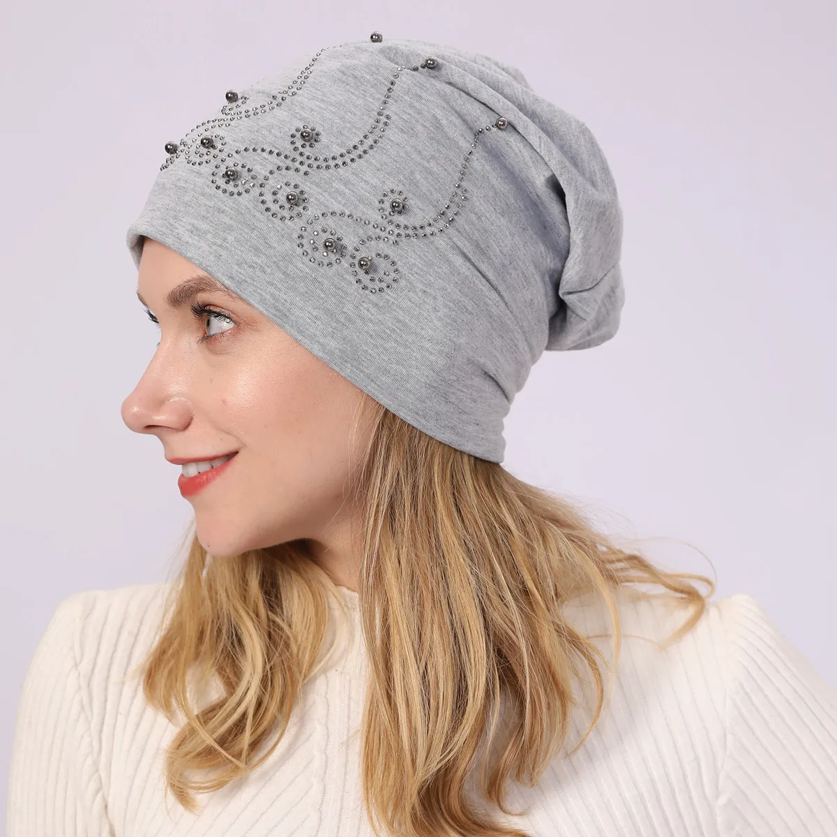 Зимняя женская шапка бини модные стразы с жемчугом хлопковые облегающие шапки