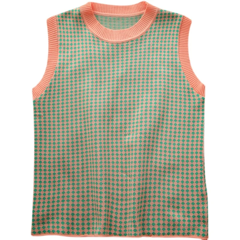 

Kimutomo Elegant Vintage Plaid Knitted Vest Women O-neck Sleeveless Korean Fashion Tops Ladies Outwear Casual Spring 2021
