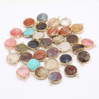 6pcs natural gilded round blue sand clear quartzs tiger eye stone connectors double hole for women jewelry making size 28x35mm