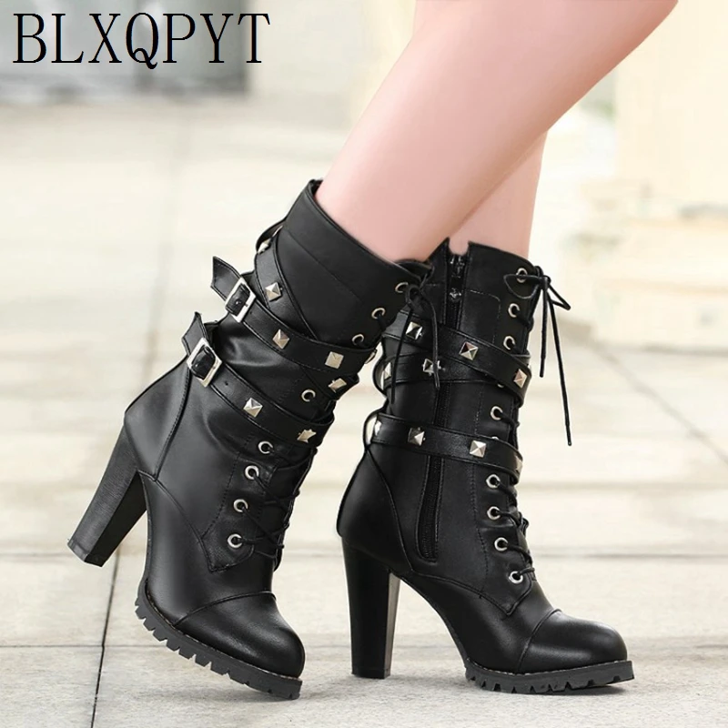 

BLXQPYT Plus Size 34-48 Ankle Boots Women Platform High Heels9CM Female Lace Up Shoes Buckle Zip Woman Short Boot Footwear 99-6