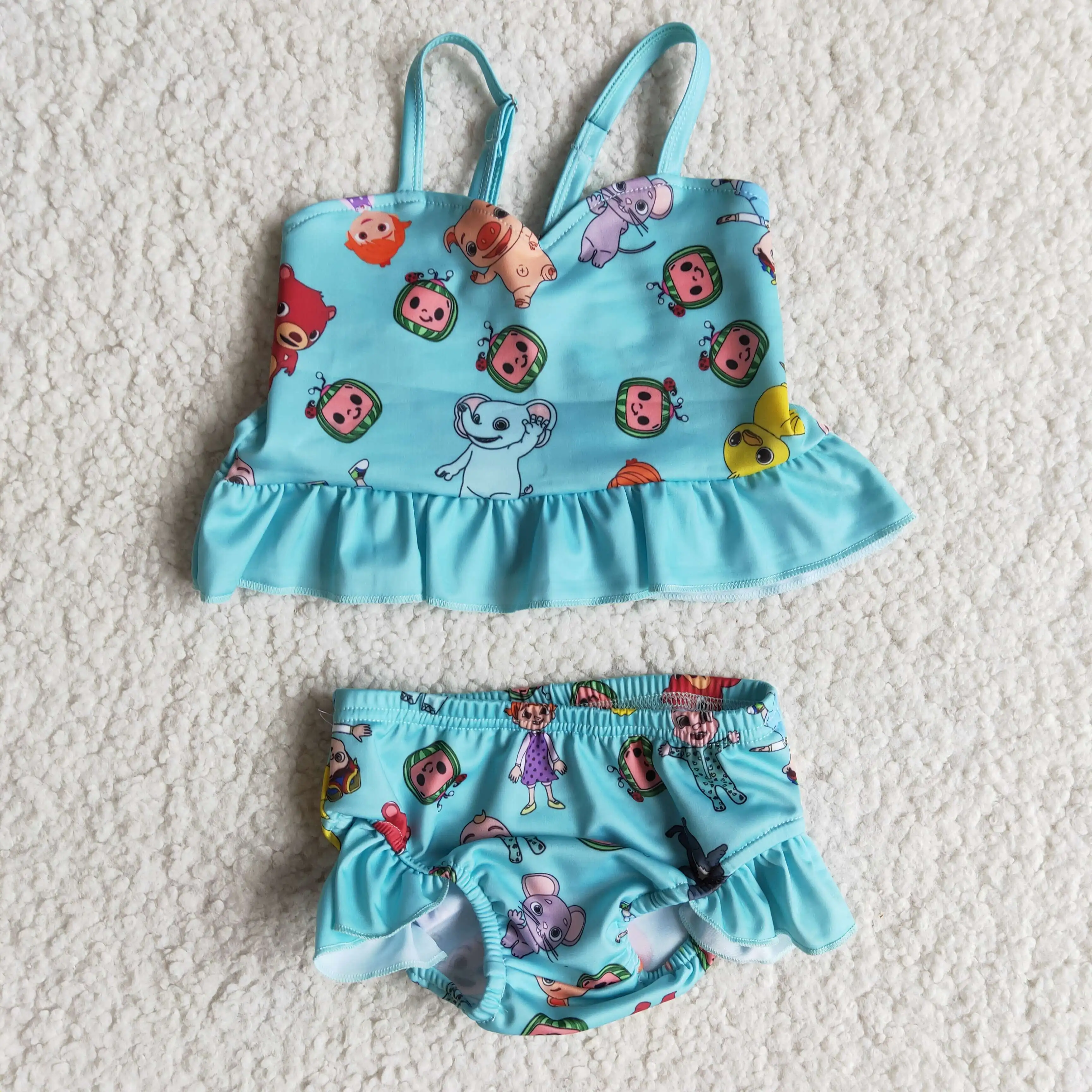 

Baby Girls Blue Cartoon Ruffles Print Swimsuit