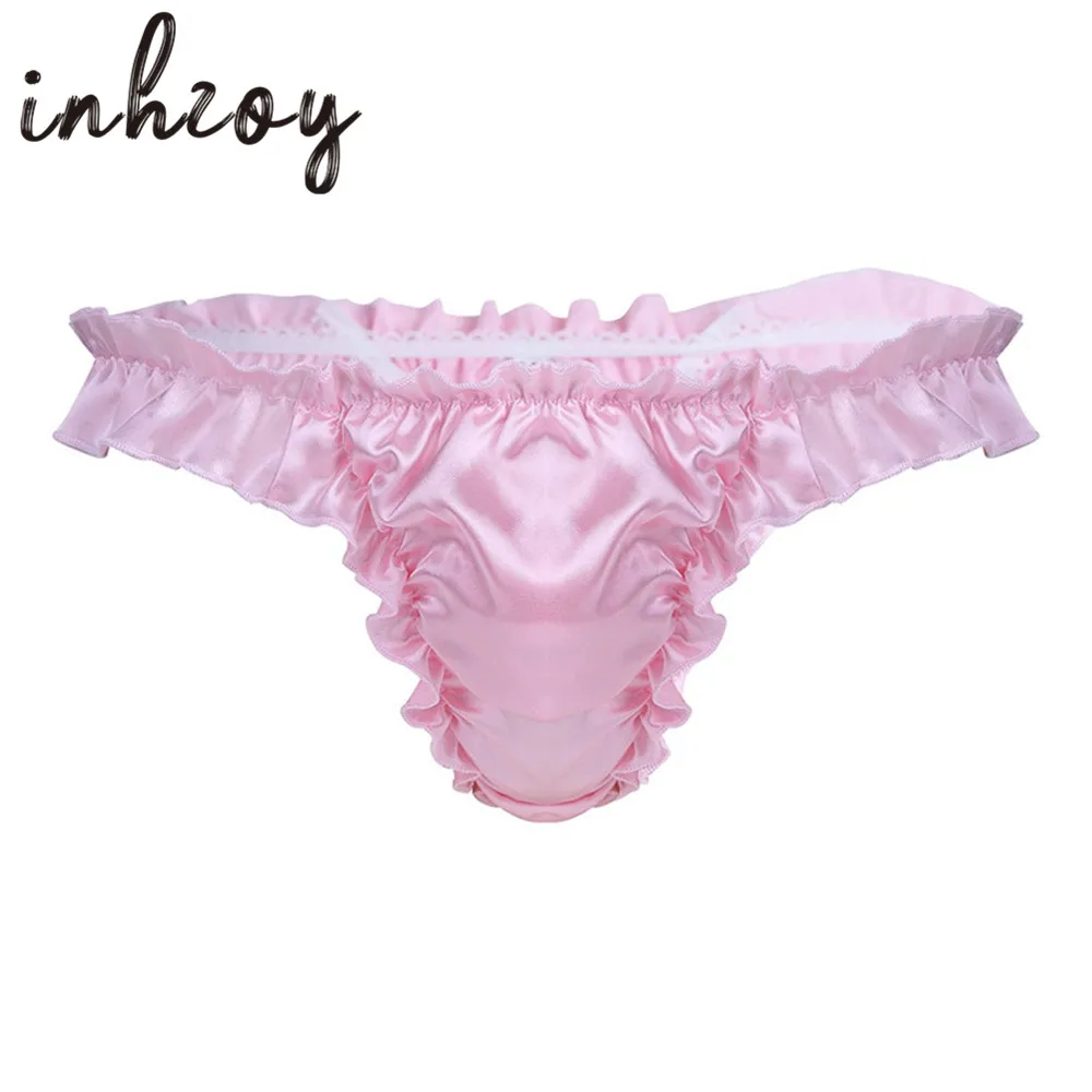 Hot Sexy Men Satin Seamless Soft Smooth Frilly Ruffle Erotic Sissy Panties Thong Male Crossdressing Gay Underwear Bikini Briefs |