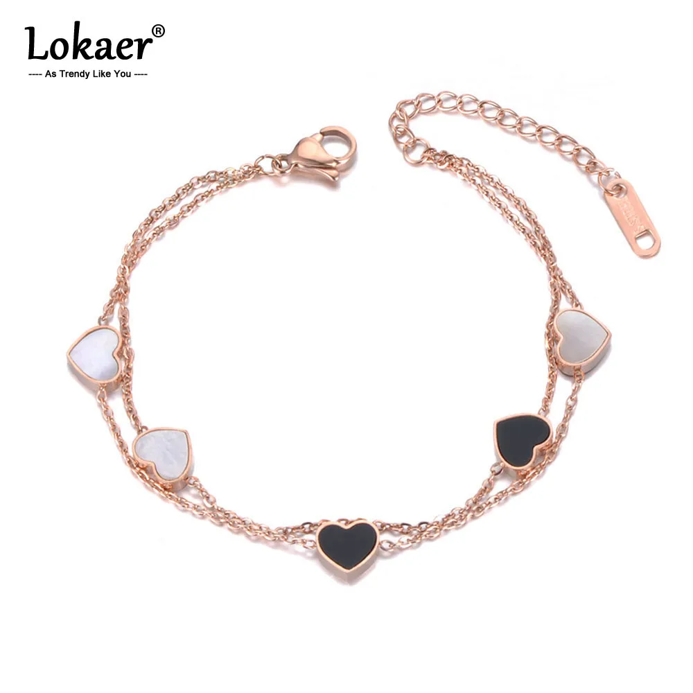 Двухслойный браслет Lokaer с белым/черным сердцем из ракушек нержавеющей стали в