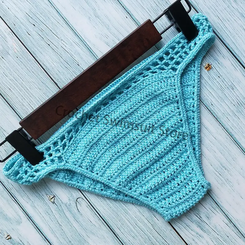 Женский сексуальный вязаный купальник бикини Boho Thong купальник ручной работы трикотажные шорты - Цвет: Небесно-голубой