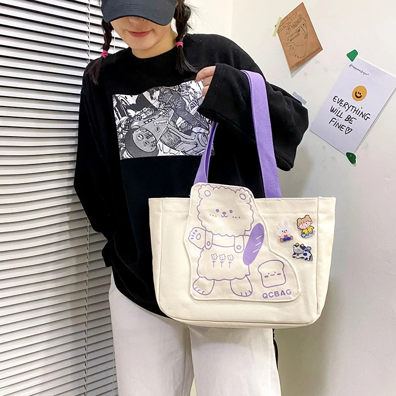 

Girl style ins cute bear cartoon shoulder bag female chic Korean class bag college style student canvas bag shopping bag