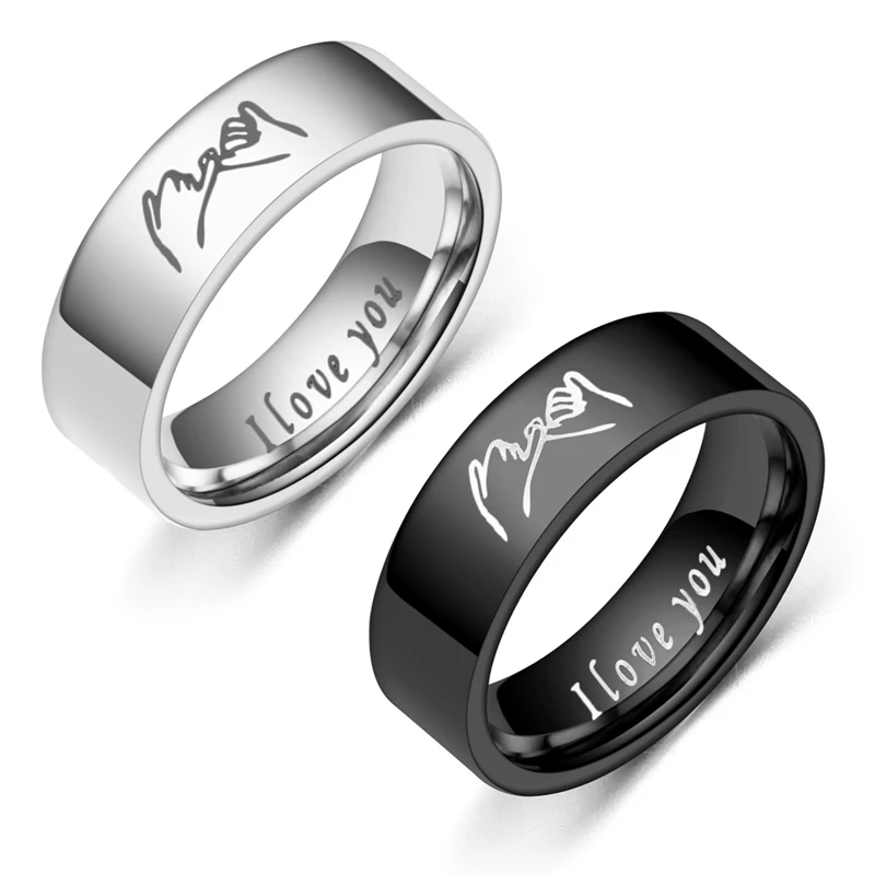 

Trendy Stainless Steel Holding Hands Couple Ring Black And White Letters Rings Valentine's Day Jewelry Gifts For Men Women