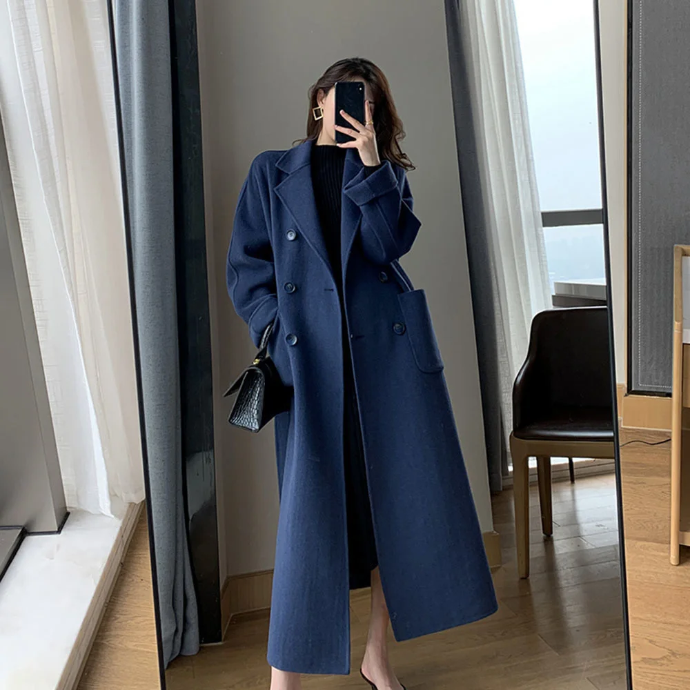 Женское двубортное пальто зимнее длинное кашемировое в Корейском стиле
