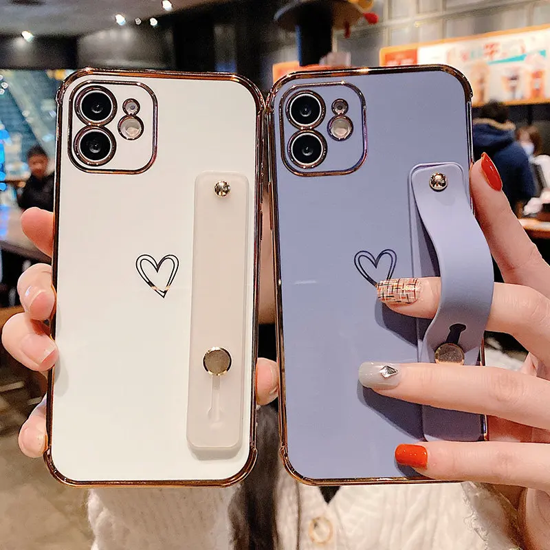 

2021 Shockproof Back Cover Wrist Strap Plating Love Heart Phone Case For iPhone12 11 Pro Max XR XS Max X 7 8 Plus Mini coque