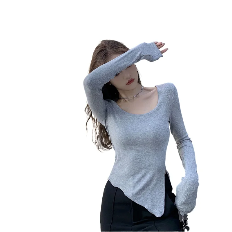 

Chic Hong Kong Style Top Irregular U-Collar Slimming Long-Sleeved T-shirt Women's Slim Fit Slit Design Sense Niche Bottoming
