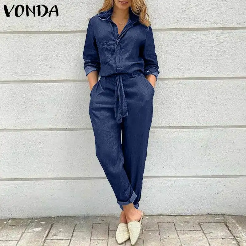 

VONDA 2021 Autumn Women Long Sleeve Jumpsuit Vintage Lapel Button Up Casual Denim Playsuits Ladies Pantalon Retro Office Overall