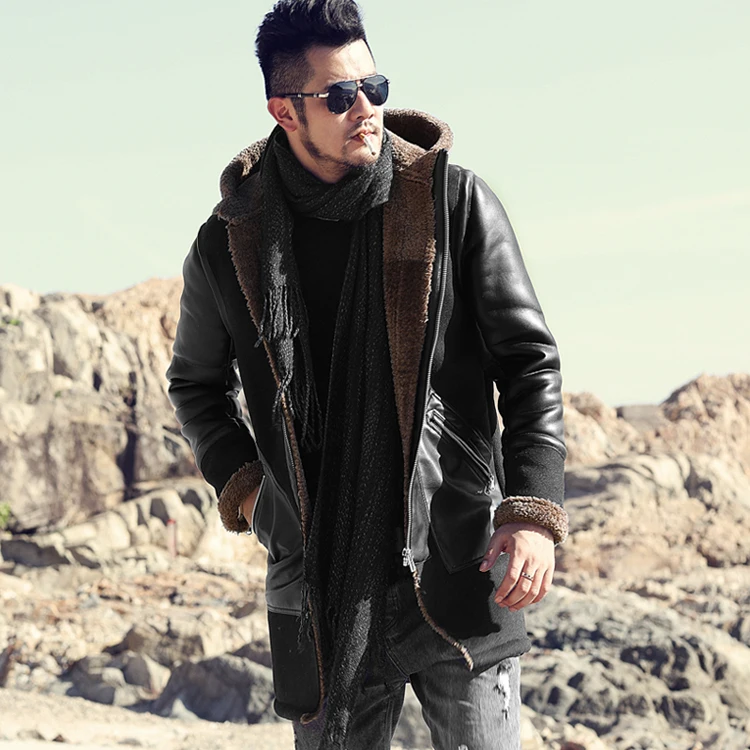 Мужская Меховая куртка средней длины из искусственной кожи ягненка с капюшоном