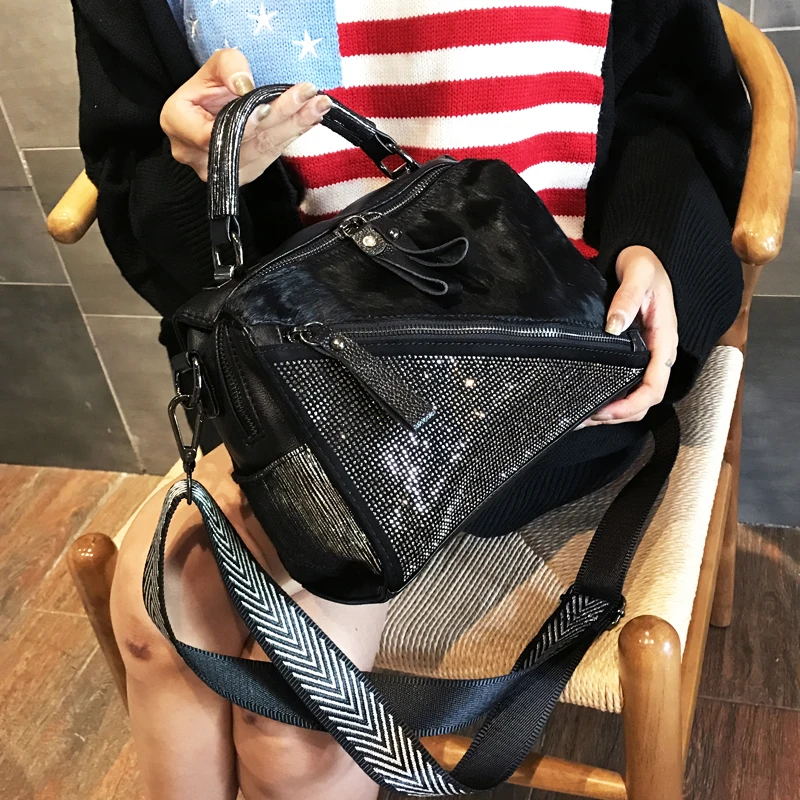 Fashion Horse Hair Messenger Bags Diamonds Satchels Horse Hair Patchwork handbag adies hand bags Diamonds Patchwork handbags