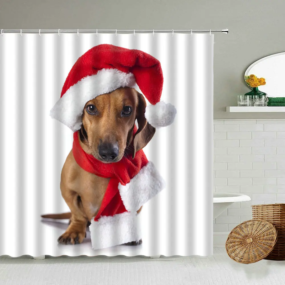 

Fun Cat Dog Shower Curtain Merry Christmas Animal Pet Theme With Hook Waterproof Screen Washable Home Wall Decor Holiday Gift