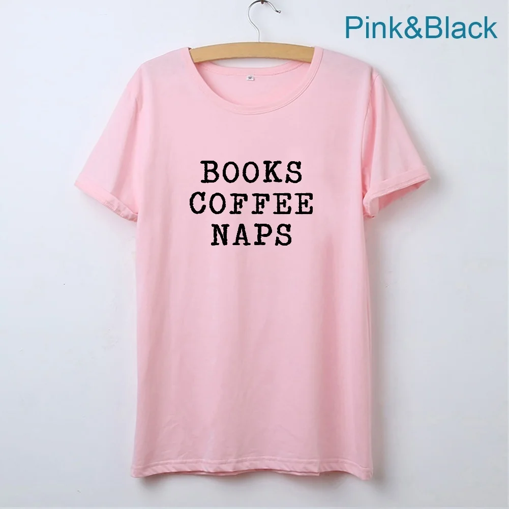 

Books Coffee Naps Printed Short Sleeve T Shirts for Women O-neck Short Sleeve Cotton Tee Shirt Femme Black Tshirt Women Top