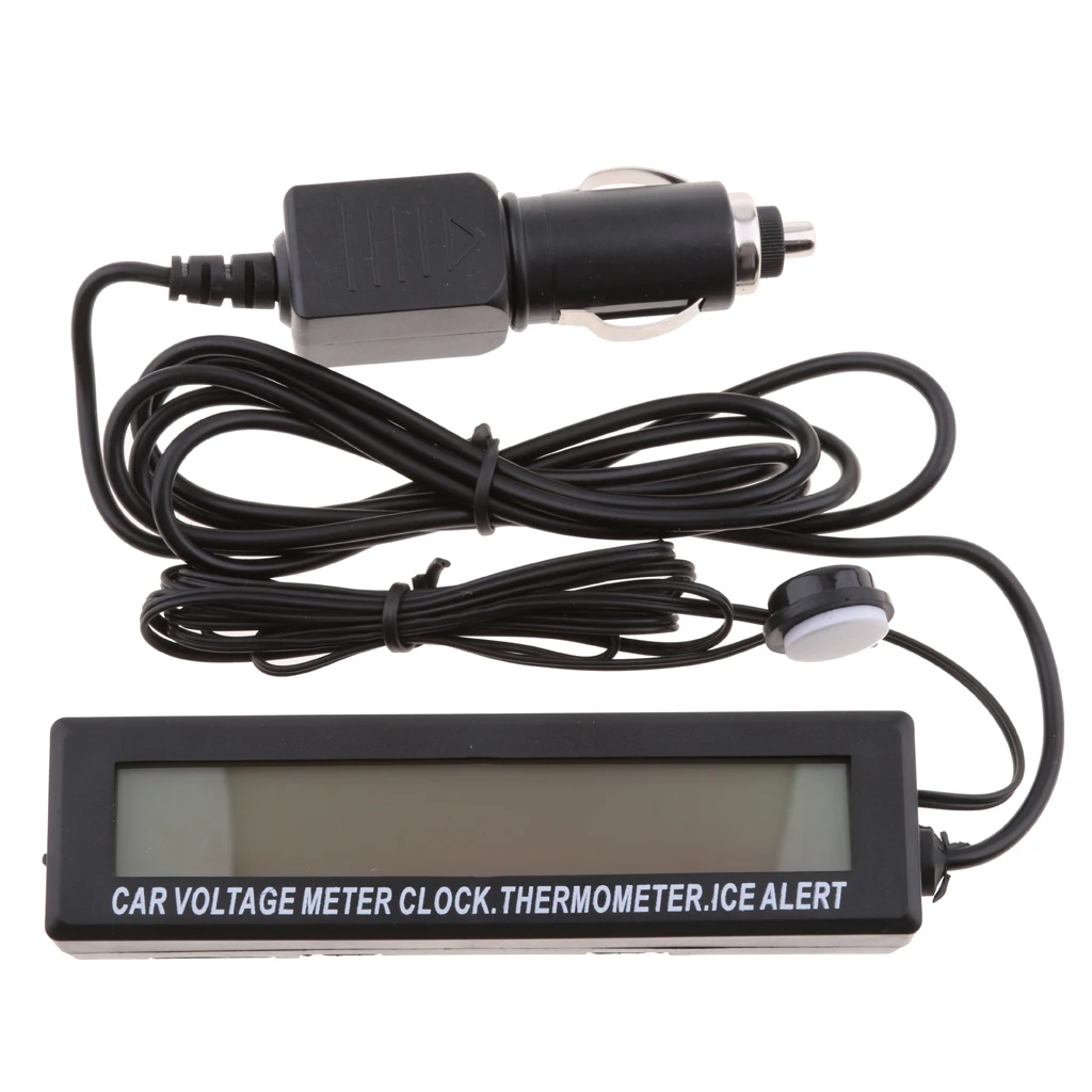 

4 In1 LCD Car Voltmeter Thermometer Clock Voltage Volt Alarm Indoor Outdoor