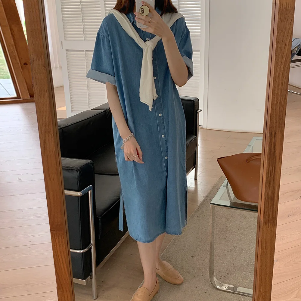 

Women Summer Retro Lapel Single-Breasted Denim Shirt Dresses Short Sleeve Button Vintage Maxi Dress Casual Loose Elegant Vestido