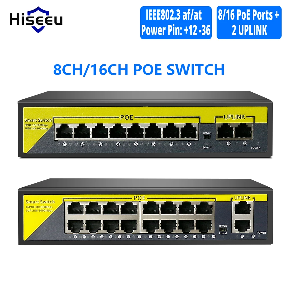 Hiseeu 48 В 8/16 портов POE коммутатор Ethernet 100 Мбит/с IEEE 802 3 af/at для IP камеры/стандартной
