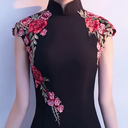 

Black Company Annual Meeting Lady Satin Dresses Sexy Stand Mermaid Dress Sweet Chinese Style Embroidery Flowers Long Skirt Gown