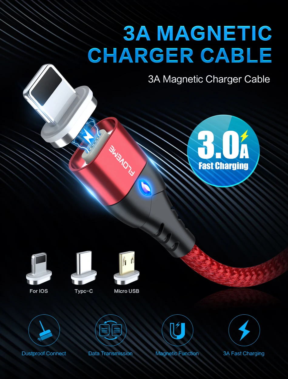 FLOVEME 3A Магнитный Micro USB кабель type-C Магнитный зарядный кабель для телефона Xiaomi для iPhone 7 8 samsung