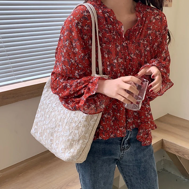 

Women Lace Flower Straw Handbag Tote Holiday Woven Shoulder Bag Large Capacity Casual Handbag New