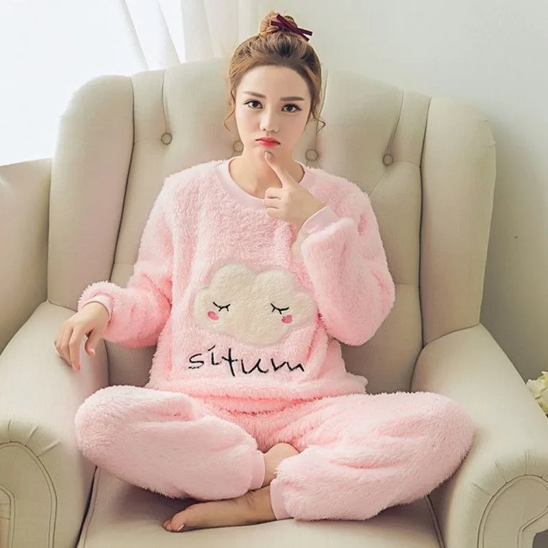 2PCS Autumn Winter Stripe Flannet Coral Velvet Women Night Sleepwear Soft Pajamas Homewear Set
