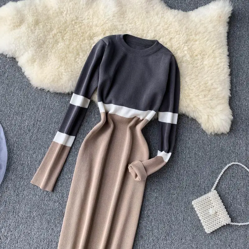 ALPHALMODA осенне-зимнее женское трикотажное платье хит цвета новое ретро с высокой талией цветное с длинным рукавом тонкое трикотажное цельное платье