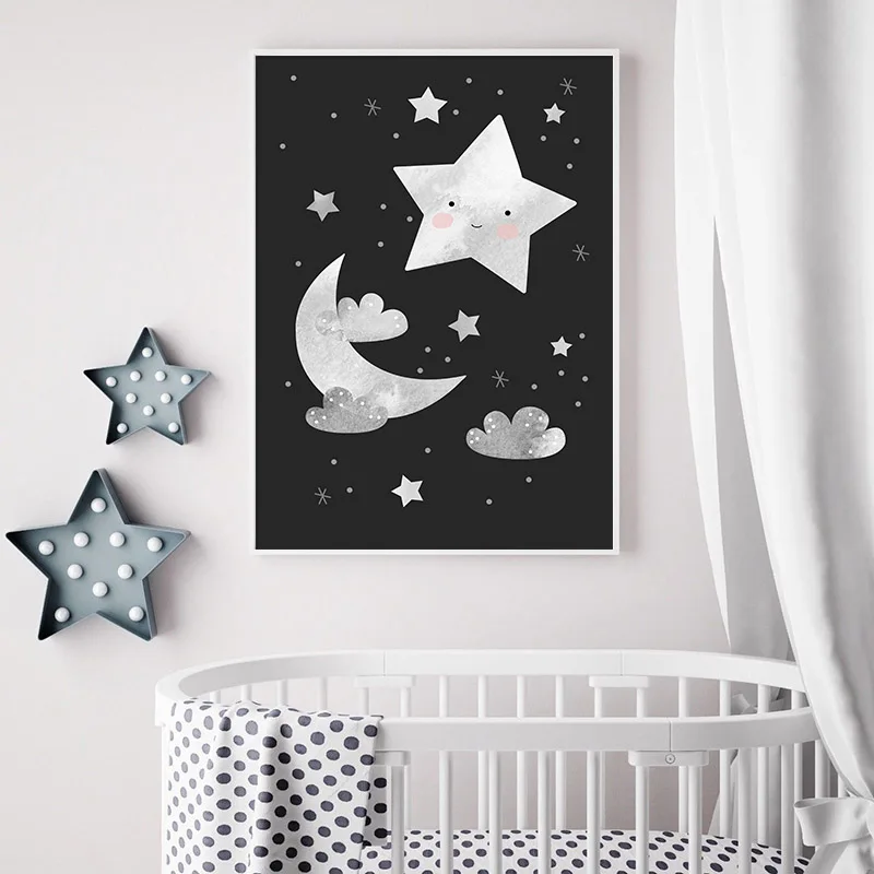 Черно-белый детский плакат Луна Звезда мультяшный фон Картина на холсте в