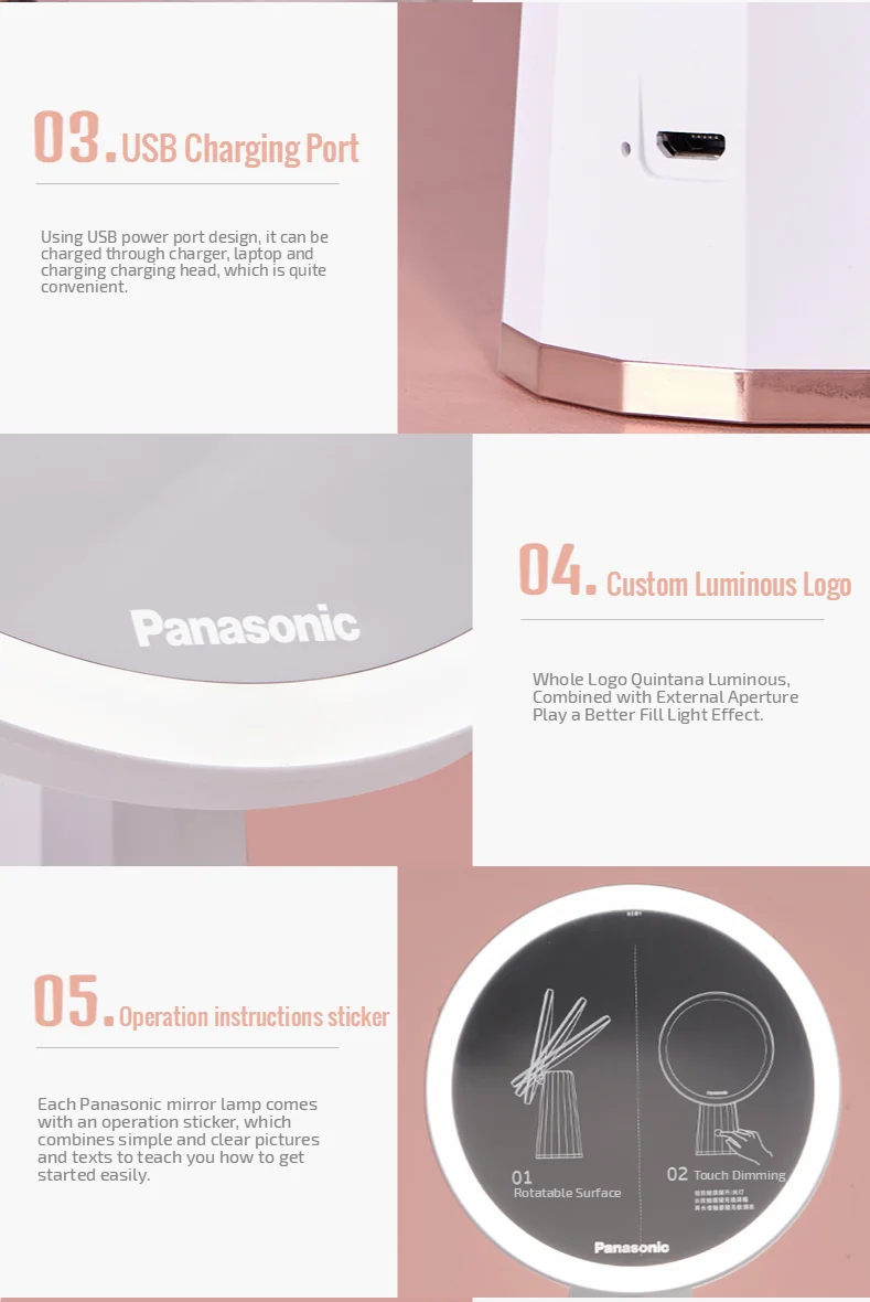 Зеркало для макияжа со светодиодсветильник кой Panasonic вращающееся косметическое