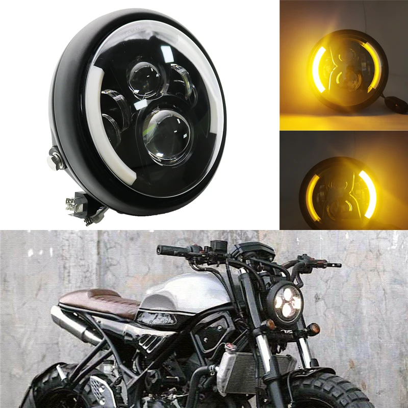 Фара светодиодная для мотоцикла Cafer Racer Kawasaki Yamaha универсальная белая/Янтарная 7 5