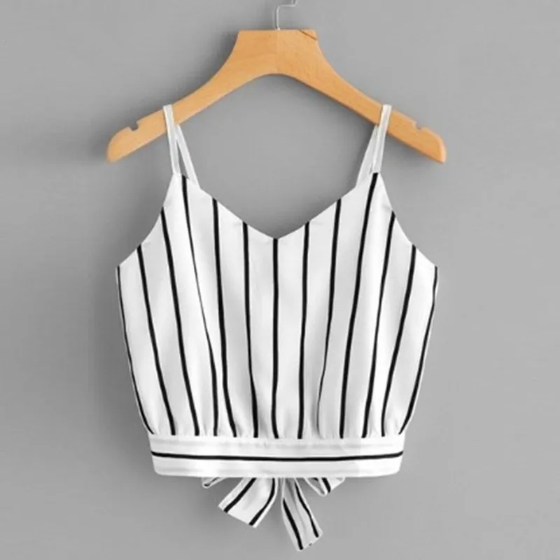 

Striped Split Tie Back Crop Cami Top Women Casual Spaghetti Strap Bow Top Vest Summer Knot Beach Cropped Vest Camisole