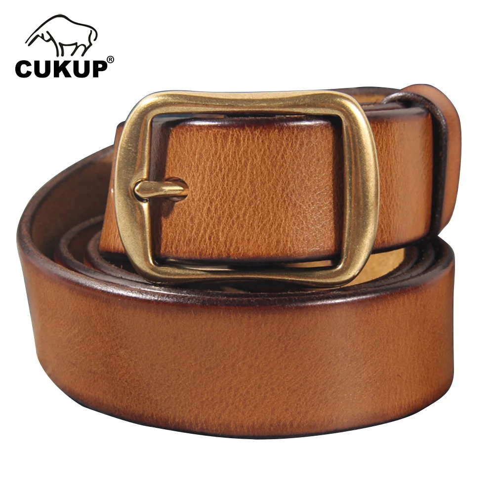CUKUP Men's Top Quality Cowhide Belts Brass Pin Buckle Metal Leather Belt for Men Fancy Vintage Jeans Accessories 3.3cm NCK1013