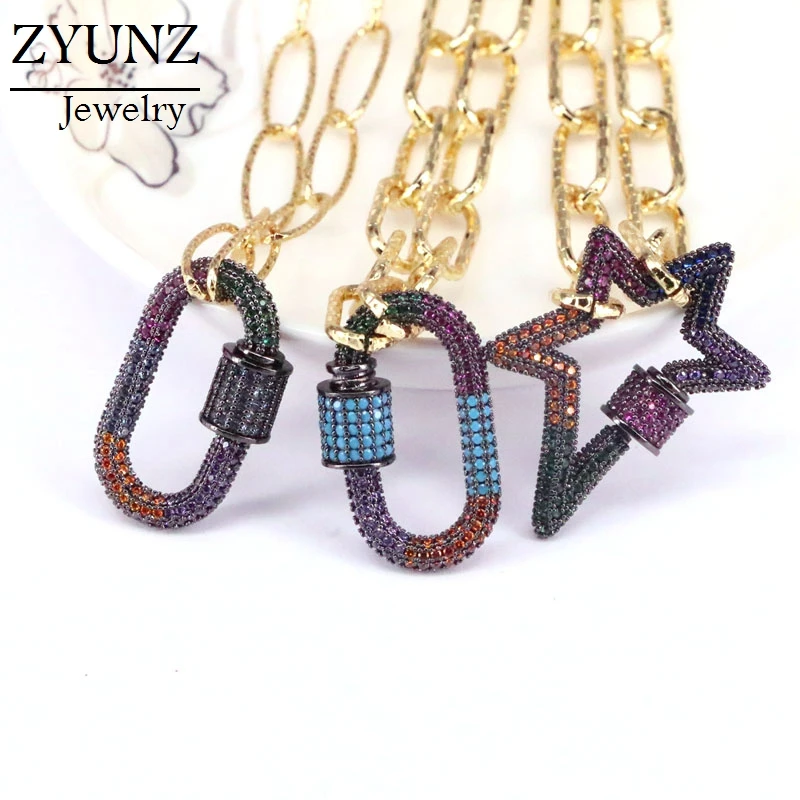 

3PCS, Boho CZ Star Oval Pendant Necklaces Punk Chain Gold Color HIPHOP Jewellery Pave CZ Zircon Spiral Buckle Necklace