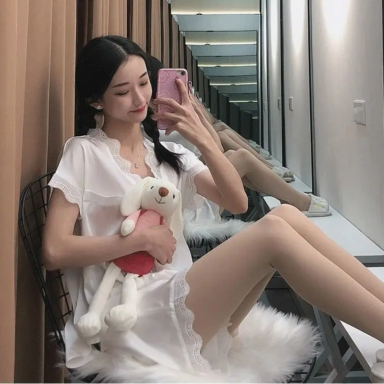 Spring Autumn New Women's Sexy Pajamas Sets Lace Ice Long Sleeve 2Pcs Suit Nightwear Sweet Princess Home Wear Sleepwear