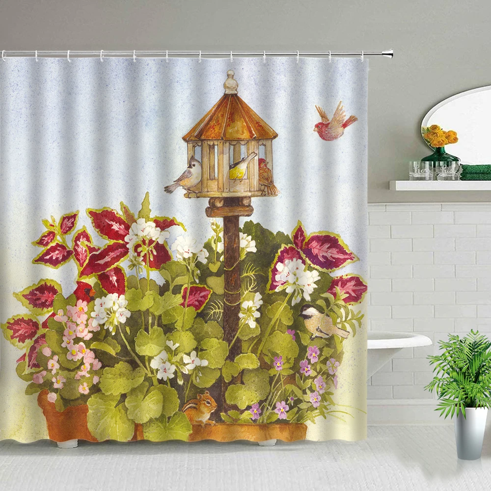 

Pink Rose Flower Shower Curtains 3D European Style Oil Painting Scenery Waterproof Fabric Bathroom Decor Hanging Curtain Set