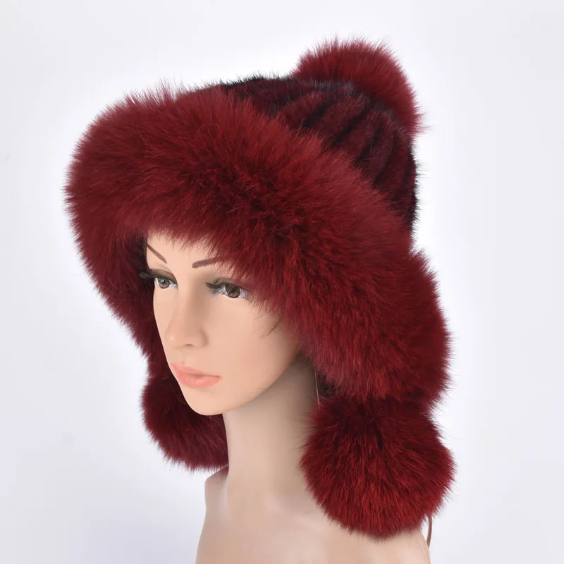 Winter real mink fur hats for women fox fur pompom ear protect caps warm lined knitted fur beanies fashion Russian hat