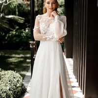 luxury lace boat neck wedding dress 2021 new applique high slit long sleeves backless sweep train for female tailor made gown