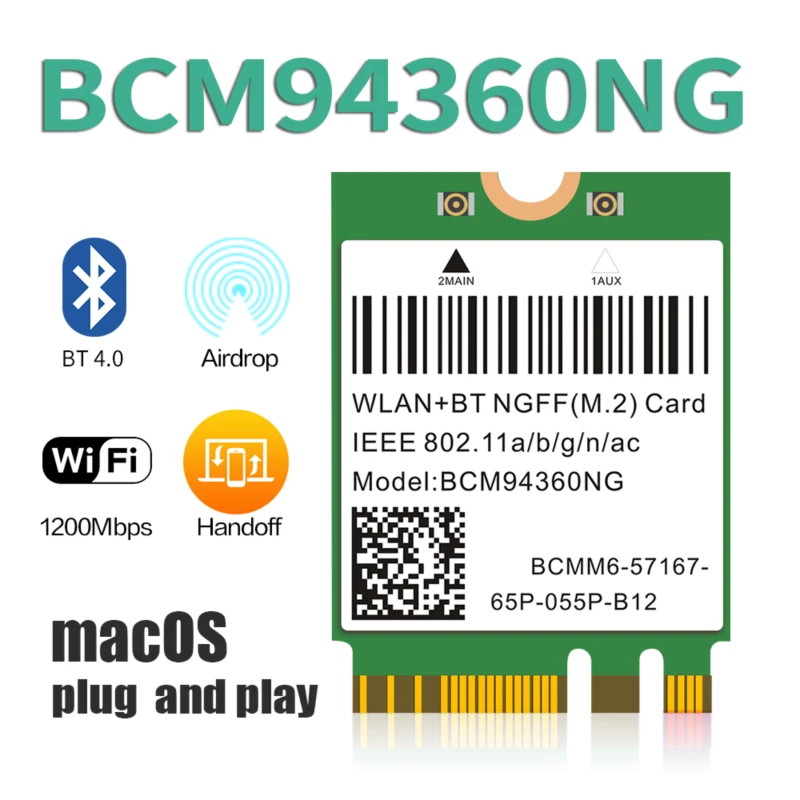 Адаптер Wi Fi Hackintosh MacOS BCM94360NG 1200 Мбит/с Bluetooth 4 0 802.11AC 2 4G/5 ГГц|Сетевые карты| |