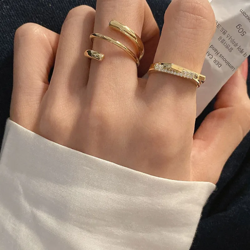 

Female Fashion Retro Unique Design High Quality Jewelry Gift Silver Geometric Multilayer Zircon Open Ring Wholesale