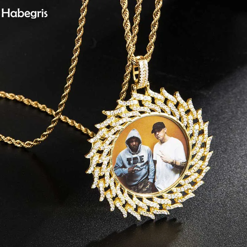 

Custom Made Photo Rhombus Cuban Round Medallions Cubic Zircon Pendant&Necklace With 4mm Tennis chain Hip Hop Jewelry For Men